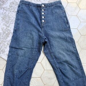 Free People We The Free Osaka Mid Rise Barrel Button Fly Jean in Blue size 29